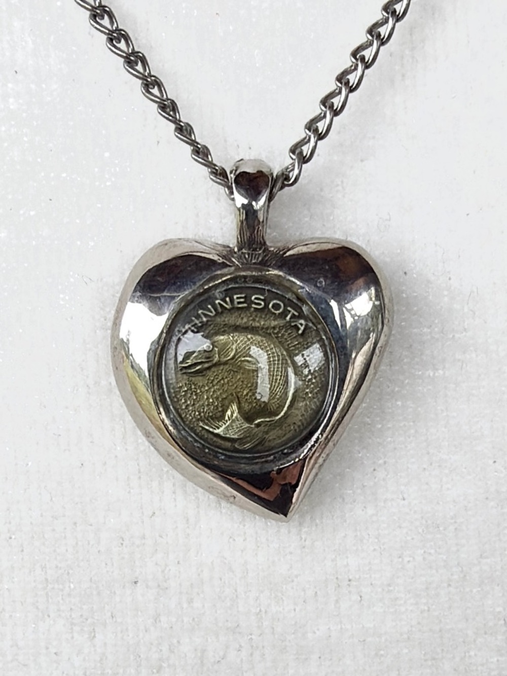 Minnesota Walleye Medallion Silver Tone, Heart-Shaped Pendant 18” Necklace